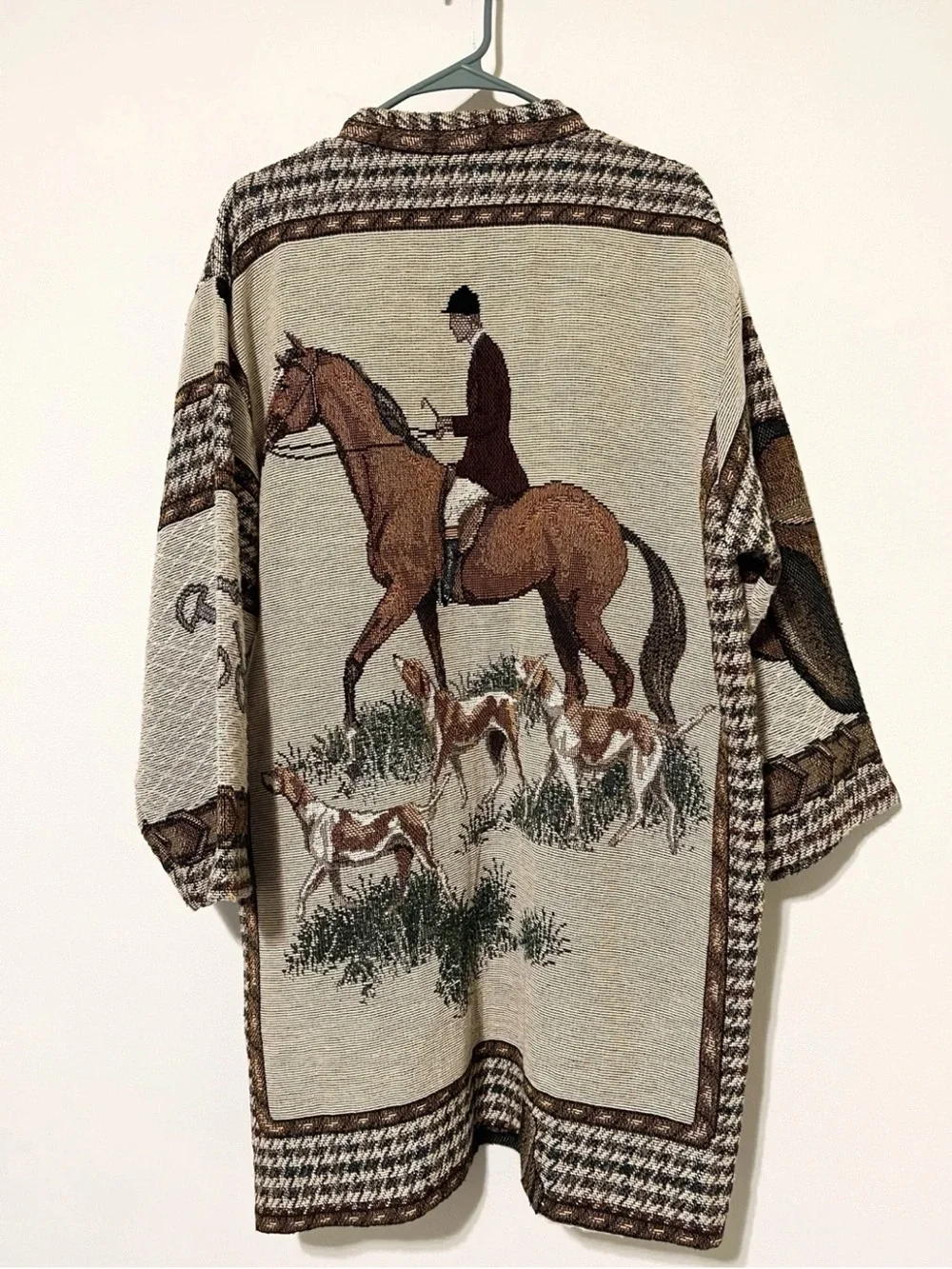 Vintage Tapestry Fox Hunt Horse Hound Scene Oversized Open Front Coat Vtg  J